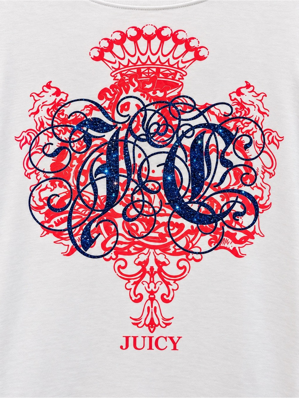 Juicy Couture White Graphic Tee with Red and Navy Crest Women size XL *Slim Fit*
